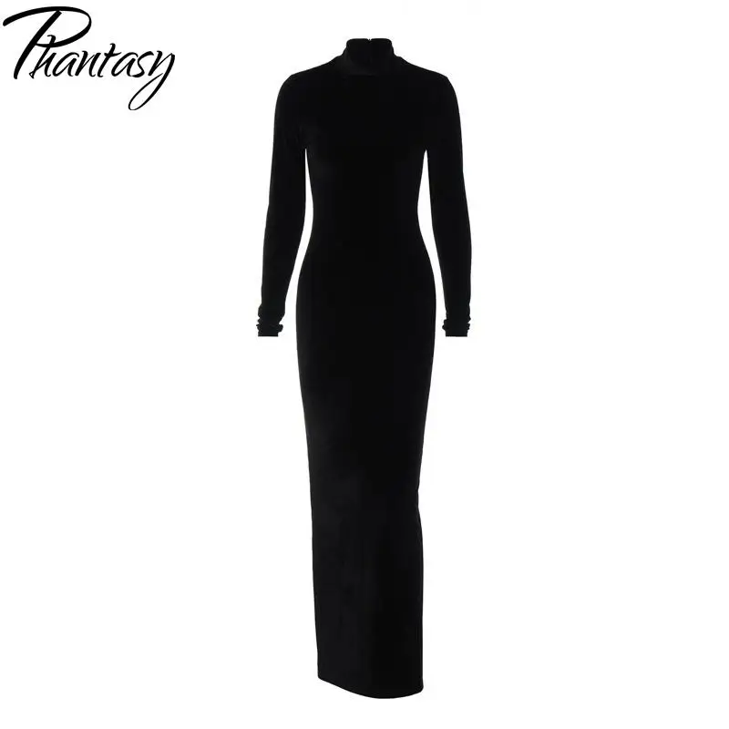 Phantasy-vestido negro de terciopelo para mujer, prenda Sexy de manga larga, ceñido al cuerpo, con cremallera, ajustado, para fiesta y oficina