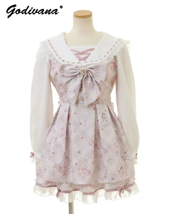 Japanese Style Liz Sweet Long Sleeve Bow Lolita Princess Dress and Shorts Set New Spring and Autumn Sailor Collar Printed Dress