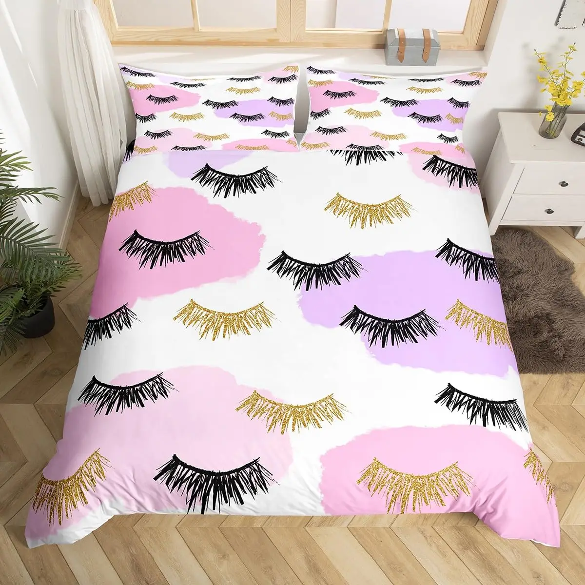 Eyelash Duvet Cover Queen Golden Girl Lashes Bedding Set Gorgeous Priness Style Comforter Cover for Women Girls Esthetician Gift