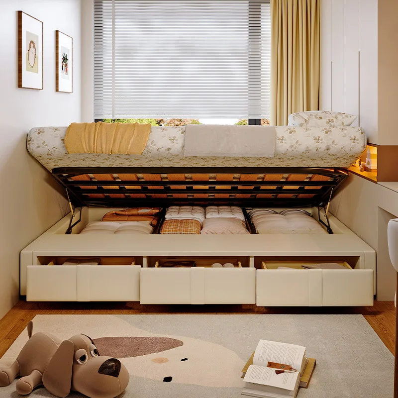 Nordic simple bedside bed tatami bed frame small apartment without backrest leather side open high box storage drawer bed
