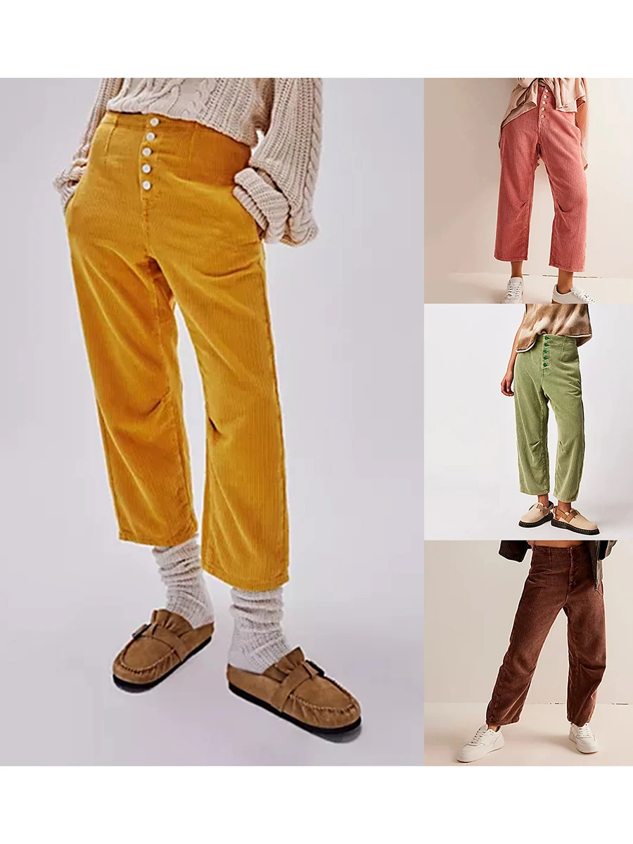 

Women Autumn Casual Corduroy Pants Solid Color Button Straight Leg Pants with 2 Pockets