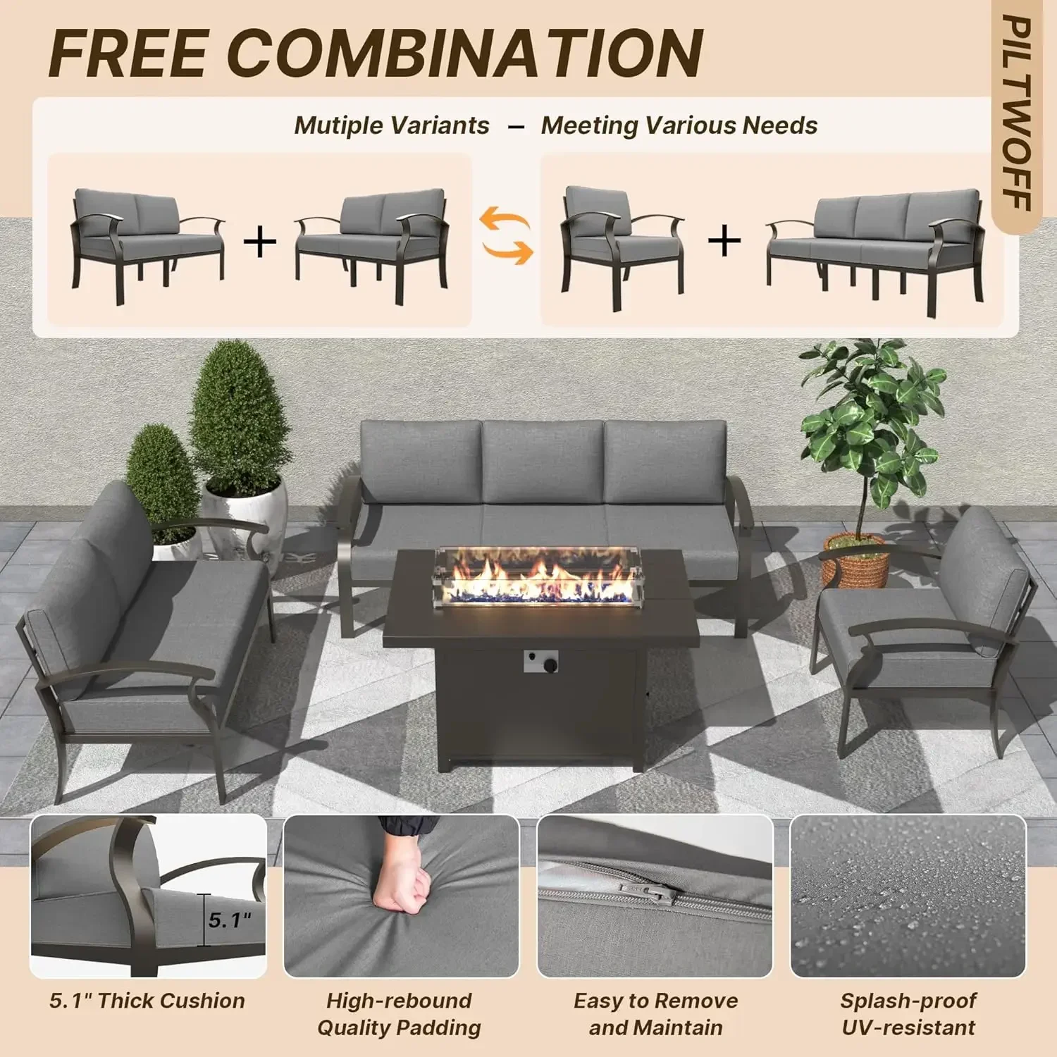 

Aluminum Patio Furniture Set with Fire Pit Table,Modern Outdoor Conversation Set Sectional Sofa for Balcony Porch Pool Backyard