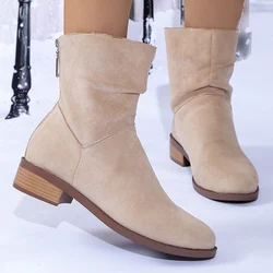 Autumn Womens Solid Pleated Ankle Boots Fashion Faux Suede Square Heel Boots Ladies Round Toe Back Zipper Office Shoes Boats