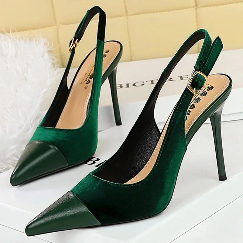 BIGTREE Shoes Suede Women Pumps Splicing Pointed Tip High Heels Hollow Out Hook Strap Heeled Sandals Women Summer Shoes Size 43