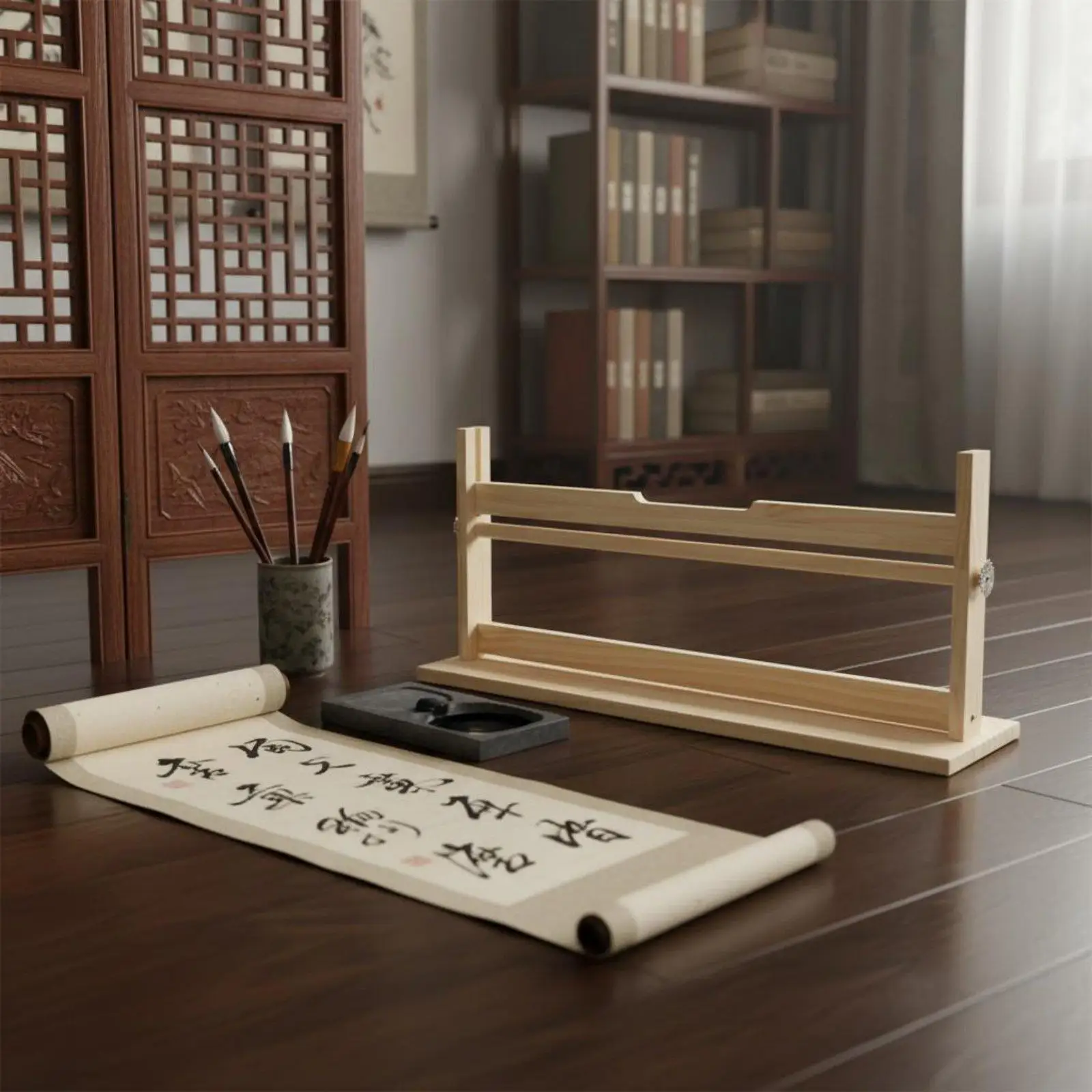 Wood Paper Roll Stand Tabletop Easel Stretching Frame Stable Base Painting Scroll Display Rack for Calligraphers, Study Room,