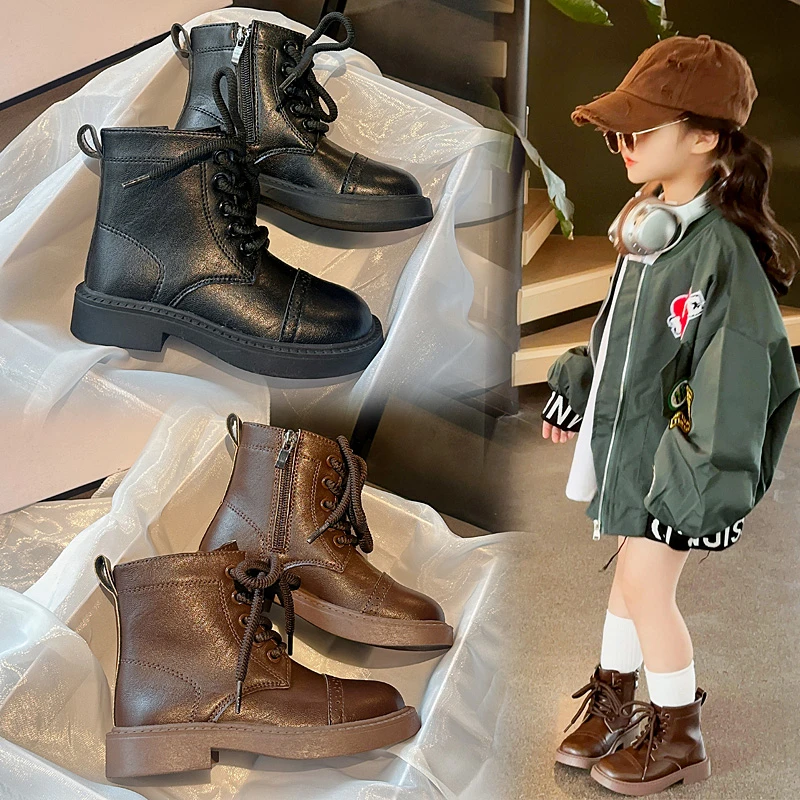 Children's Ankle Boots leather wide version Casual Shoes Boys Girls Brown Black Non-slip Cow Tendon Bottom zipper Boot For Kids