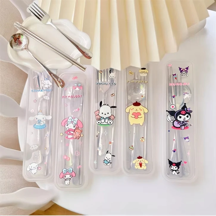 Sanrio Spoon Fork Chopsticks 3 Piece Set Cute Kuromi Pompompurin Hello Kitty Stainless Steel Child Tableware Kitchen Supplies image 2