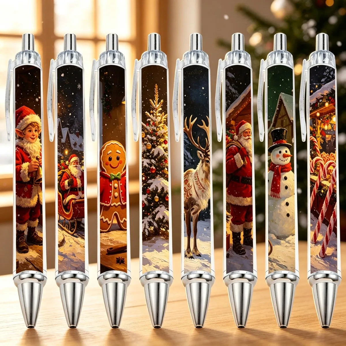 8/16 Stück Kugelschreiber im europäischen Stil mit Ölgemälde-Motiv, Winter- und Weihnachtsmotiv, als Geschenk. Muster sind zufällig.