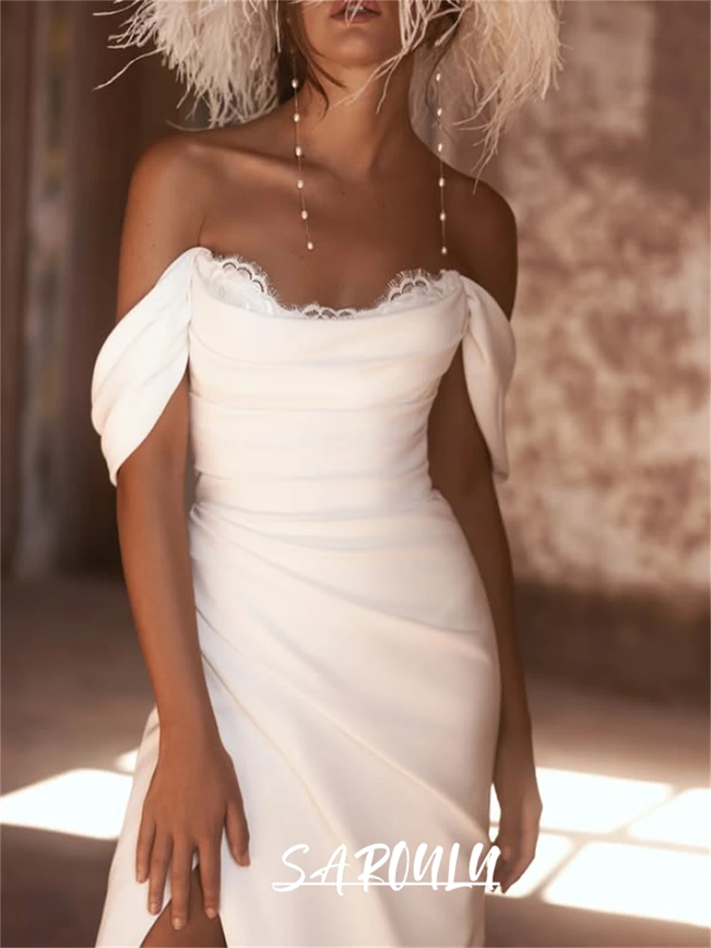 Chic Sheath Long Wedding Dress for Women, Customized, Detahcbale Off Shoudler Bride Dresses, Side Slit, Modern Cheap Bridal Gown