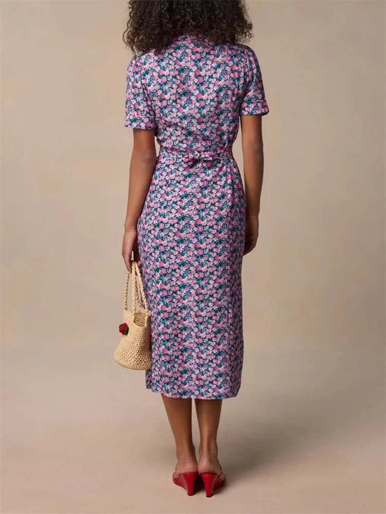 2024 Summer Women Single Breasted Midi Robe Turn-Down Collar Floral Print Short Sleeve Prairie Chic Female 100% Viscose Dress