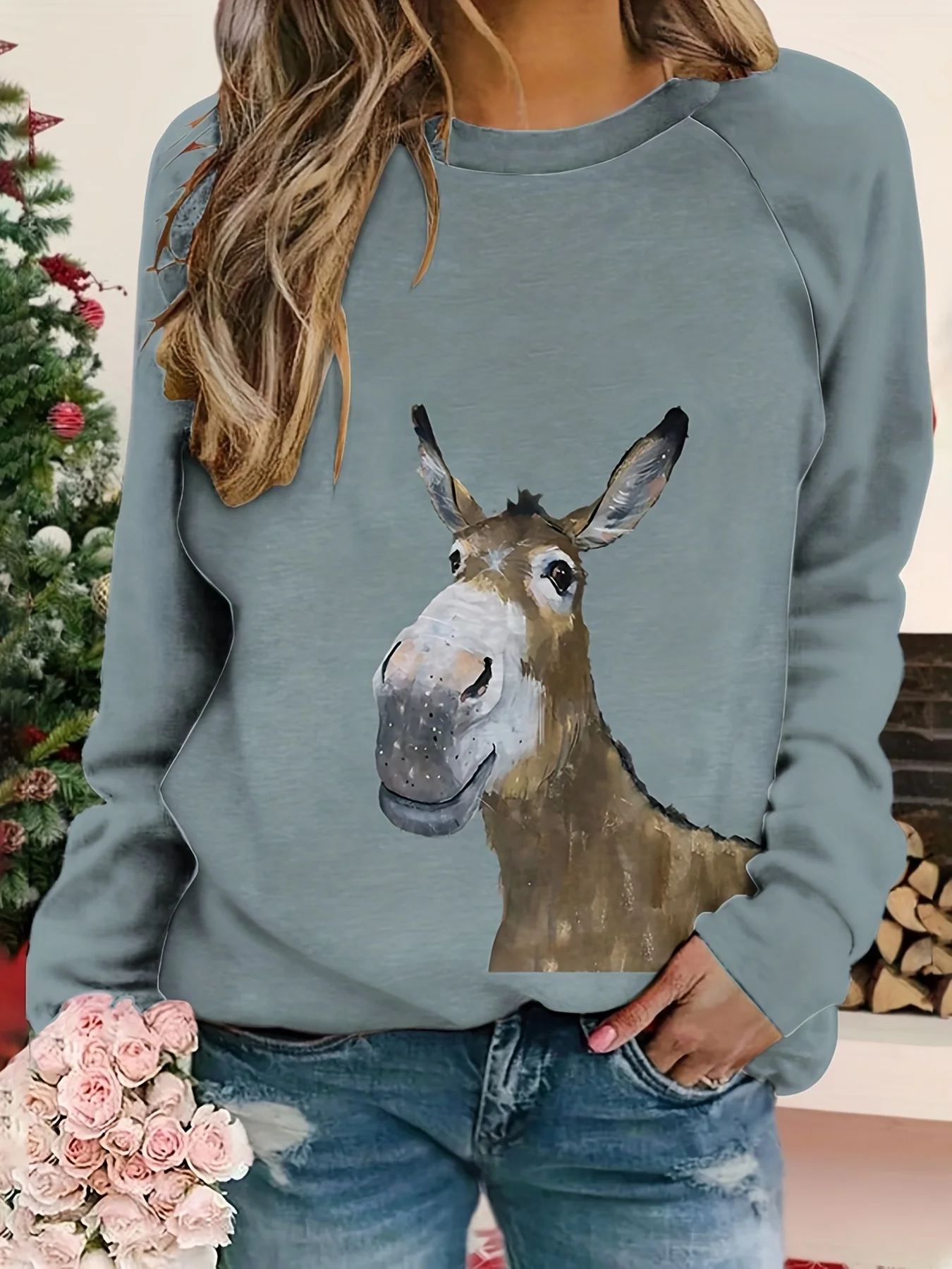 

Animal Graphic Long Sleeve Sweatshirts, 3D Panting Round Neck Casual Pullover Sweatshirts, Women's Sporty Sweatshirts