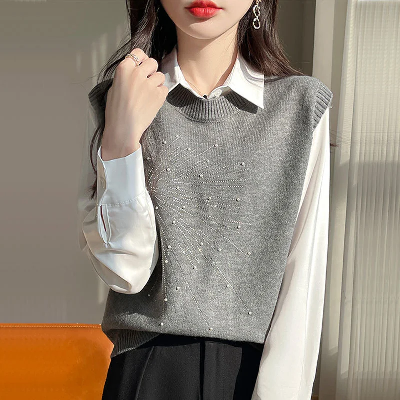 New Spring Autumn Round Neck Sleeveless Knit Vest - Solid Color Beaded Design Versatile Loose Fit Base Layer