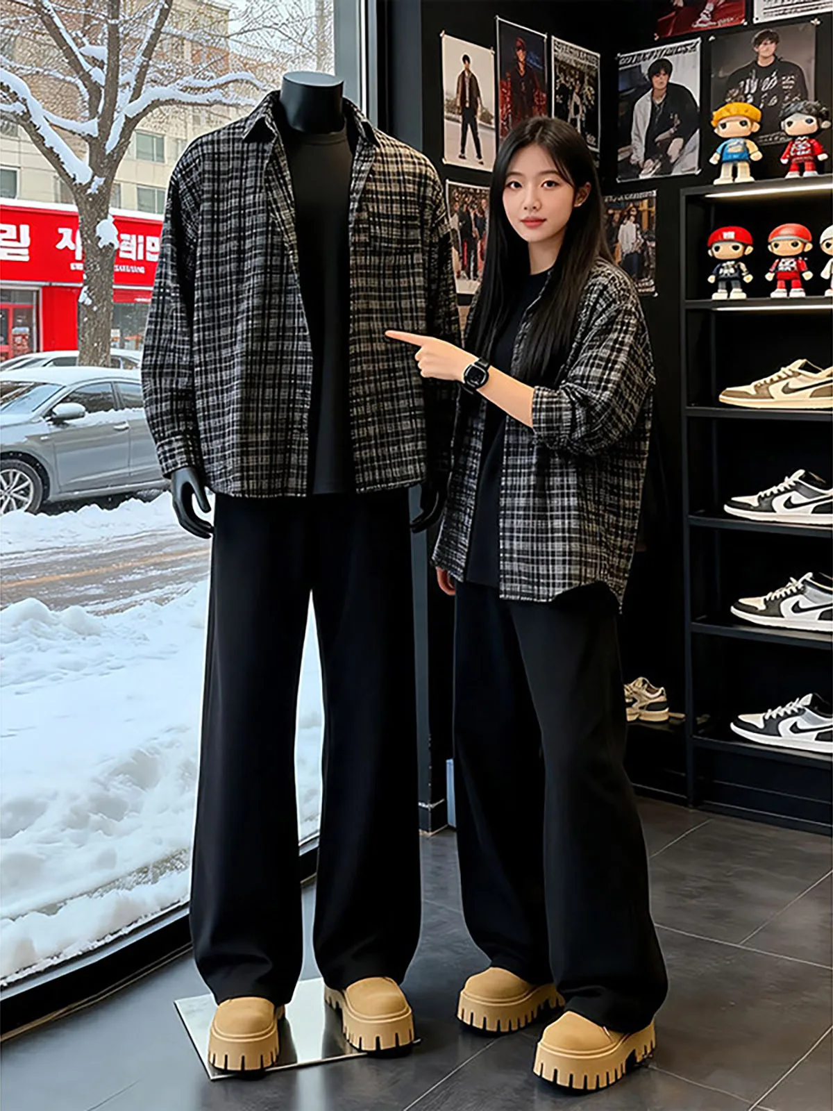 Cleanfit Heavyweight Black Plaid Collared Shirt Men's Autumn High-End Feeling Plaid Long Sleeve Casual Wear Outerwear