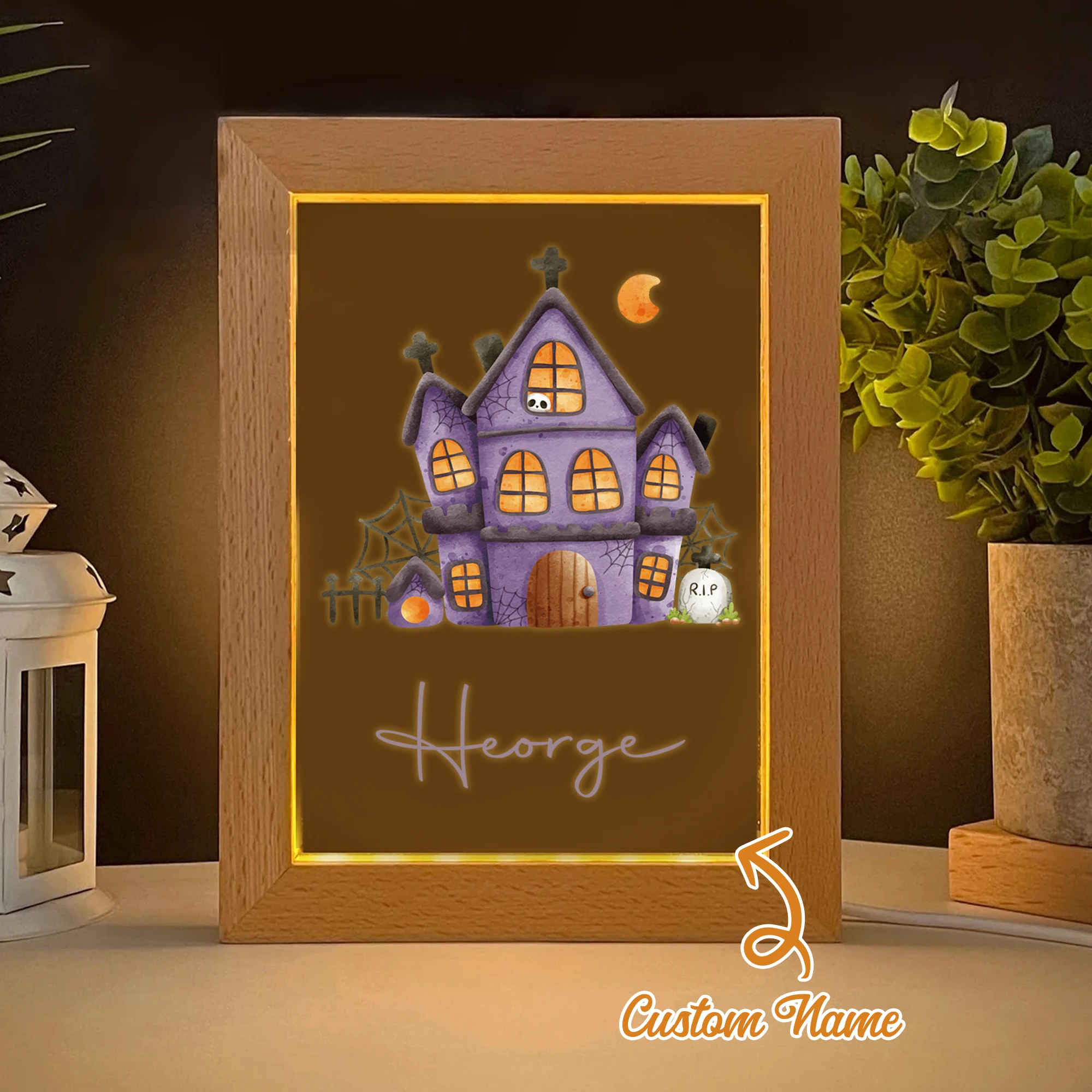 

2D Flat Custom Name Purple Castle LED Acrylic Night Light Wood Photo Frame 21x17cm Halloween Bedroom Gifts Home Decoration