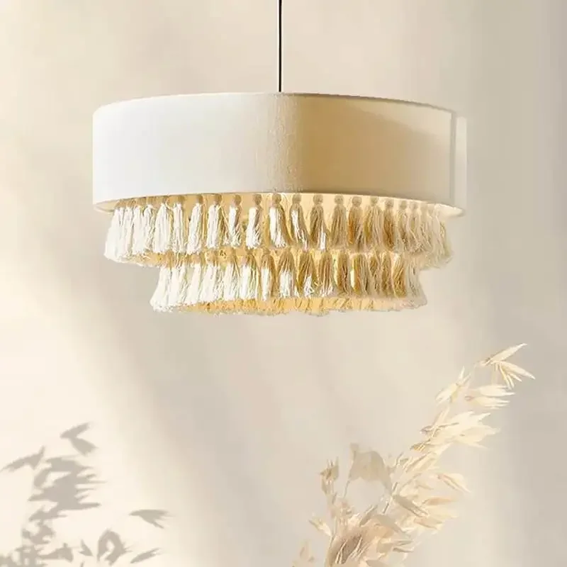 2025 Bohemian Fabric Pendant Lamp Japanese Retro Wabi Sabi Light White Fringe Lampshade For Living Room Bedroom Restaurant Light