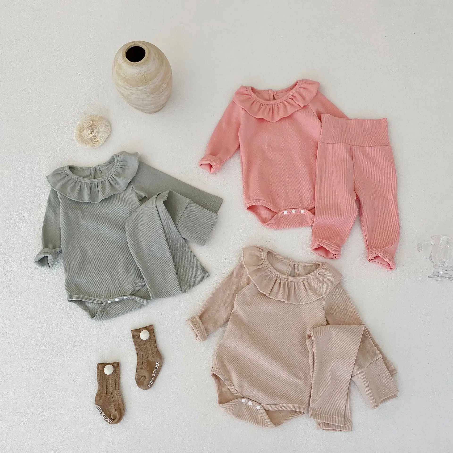 

Spring Autumn Clothes Infant Children Girls Baby Solid Color Homewear Ruffles O-Neck Long Sleeve Romper + High Waist Pants Set