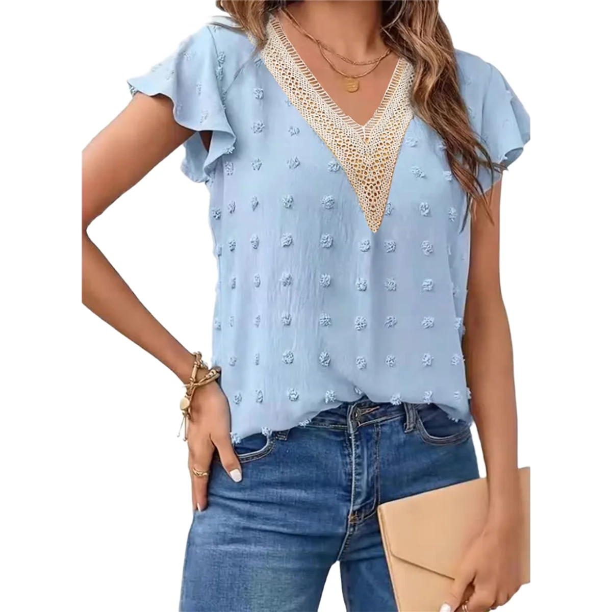 

Women 2025 Summer V Neck Ruffle Short Sleeve Blouse Dot Flowy Shirt Tunic Top Light Blue S
