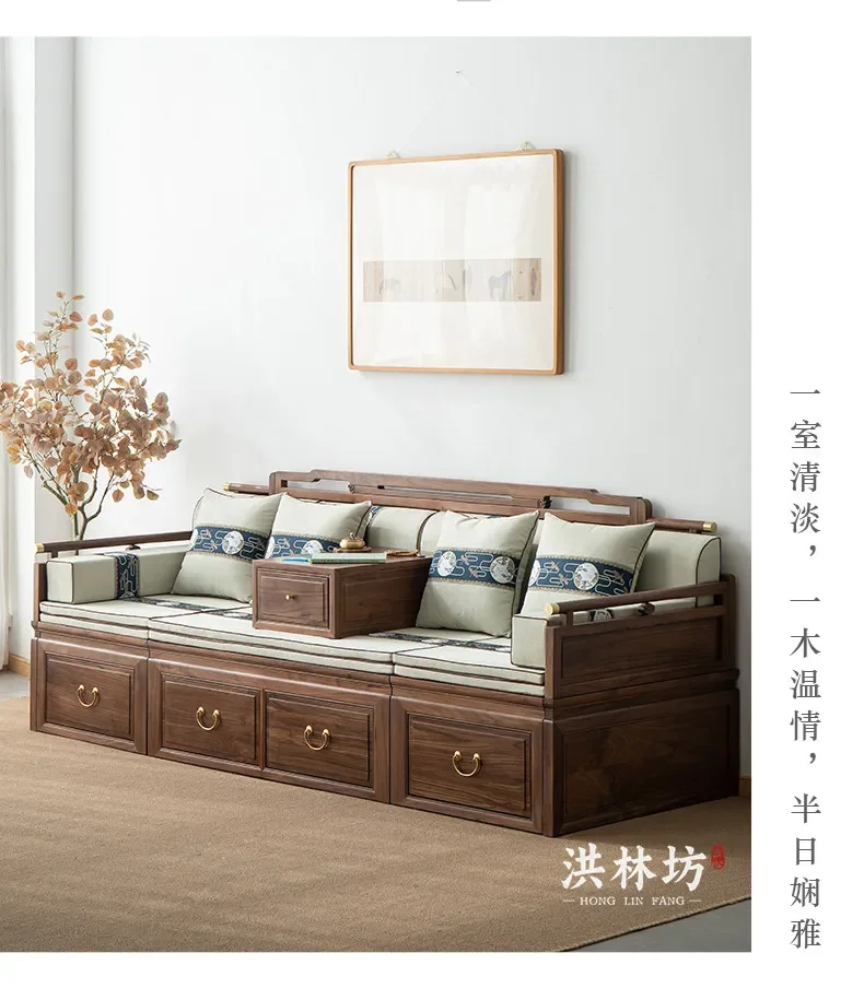 New Chinese Solid Wood Telescopic Arhat Bed Box Storage Living Room Sofa Extended Combination Bed Collapsel16