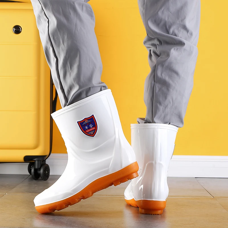 

White Mid-Calf Men's Rain Boots Non-Slip Waterproof Acid-Resistant Food Boots Bull Tendon Bottom Special Glue Shoes for All S...