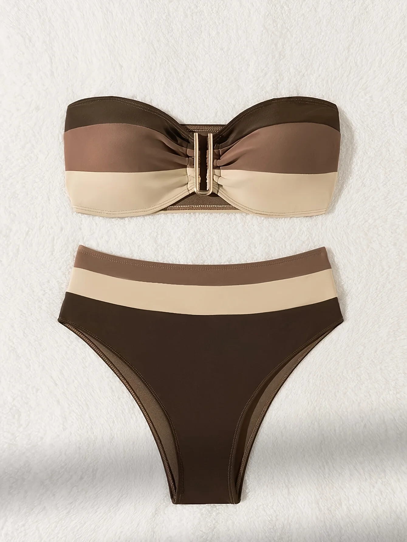 

2026 Relaxed Brown & Beige Striped Two-Piece - Comfort-Fit Bandeau Top, High-Waisted Bottom, Neutral Tones, Casual Effortless Be