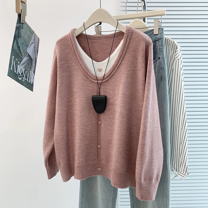 Spring Autumn Loose Casual Thin V-neck Sweater Jacket T-shirt Korean Design Sensation Two-piece Look Slimming Effect