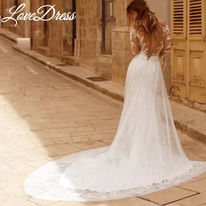 LoveDress-vestido De sirena De manga larga para novia, traje De boda brillante con escote en V, espalda descubierta y tren, 2023