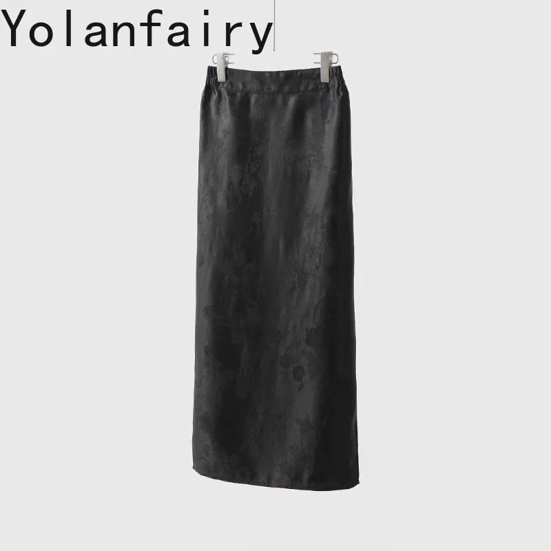 YOLANFAIRY 100% Real Mulberry Silk Skirts for Women Gambiered Silk Elegant Bottom Jacquard Skirts Half Elastic Waist Slit Hem