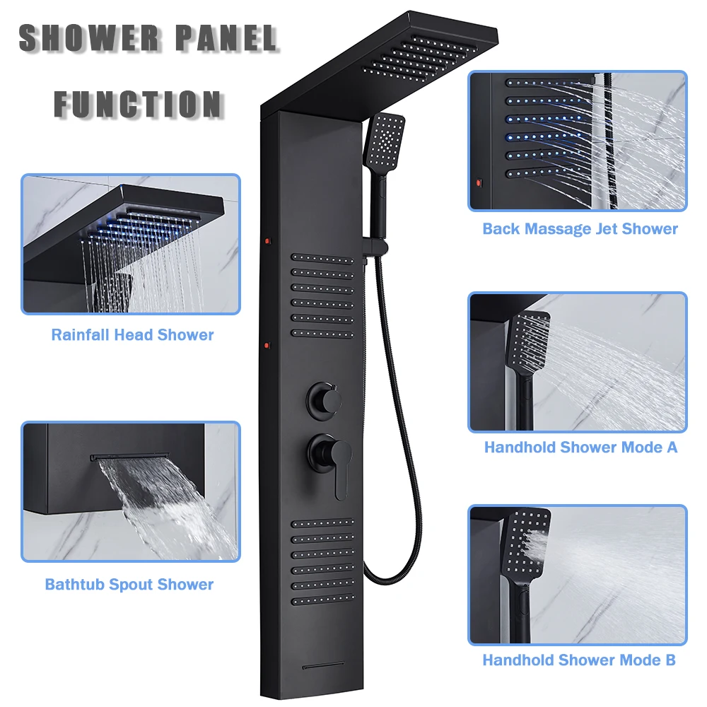 Rozin Black Shower Column LED Rainfall Bathroom Faucet with Massage Jet Bath Panel System  5 Modes Waterfall Hot Cold Mixer Tap