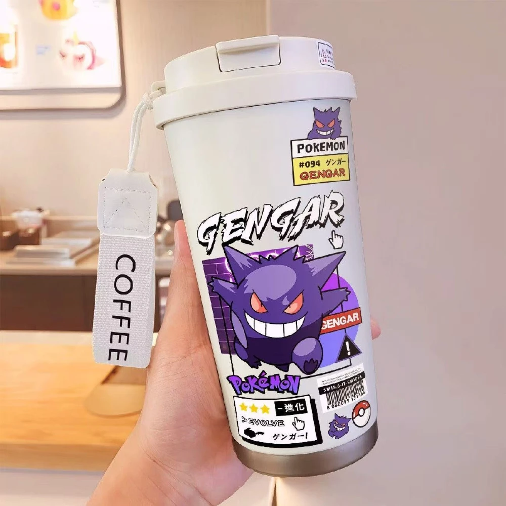 MINISO بوكيمون Gengar كوب بقشة زجاجة ماء للأطفال الإبداعية المحمولة زجاجة رياضية كوب قارورة عازلة هدايا عيد الميلاد للأطفال