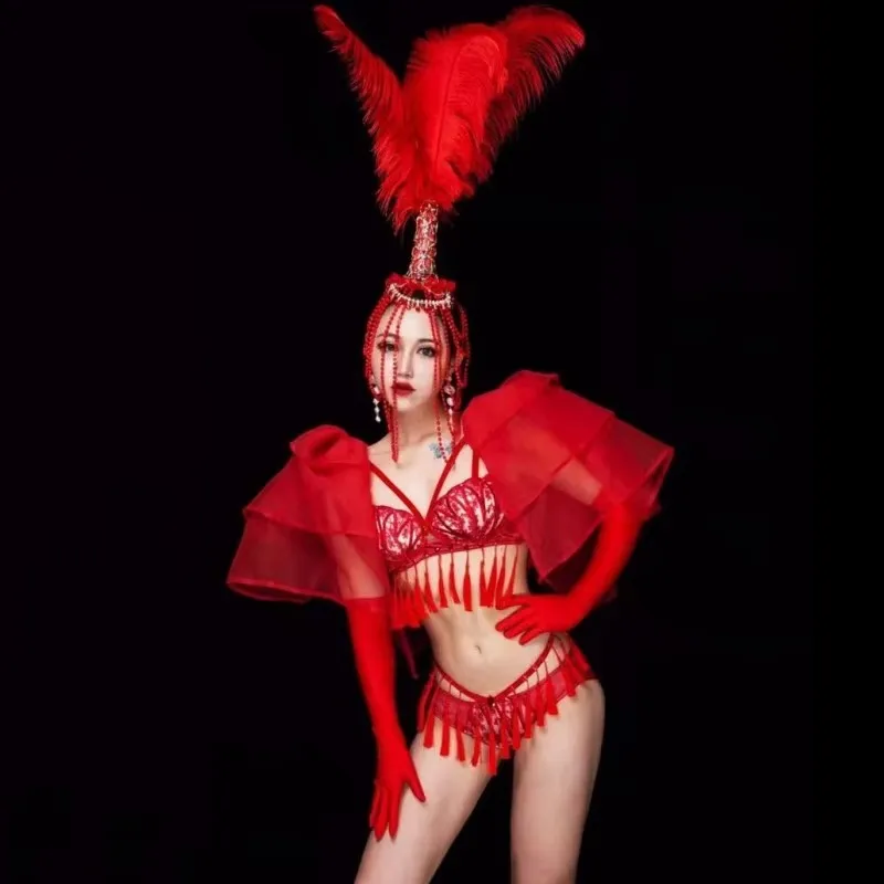 Женский танцевальный наряд в бикини, головные уборы с красными перьями и бисером, ночной клуб, вечеринка, шоу, сценическая одежда, бар, концерт, костюм певицы