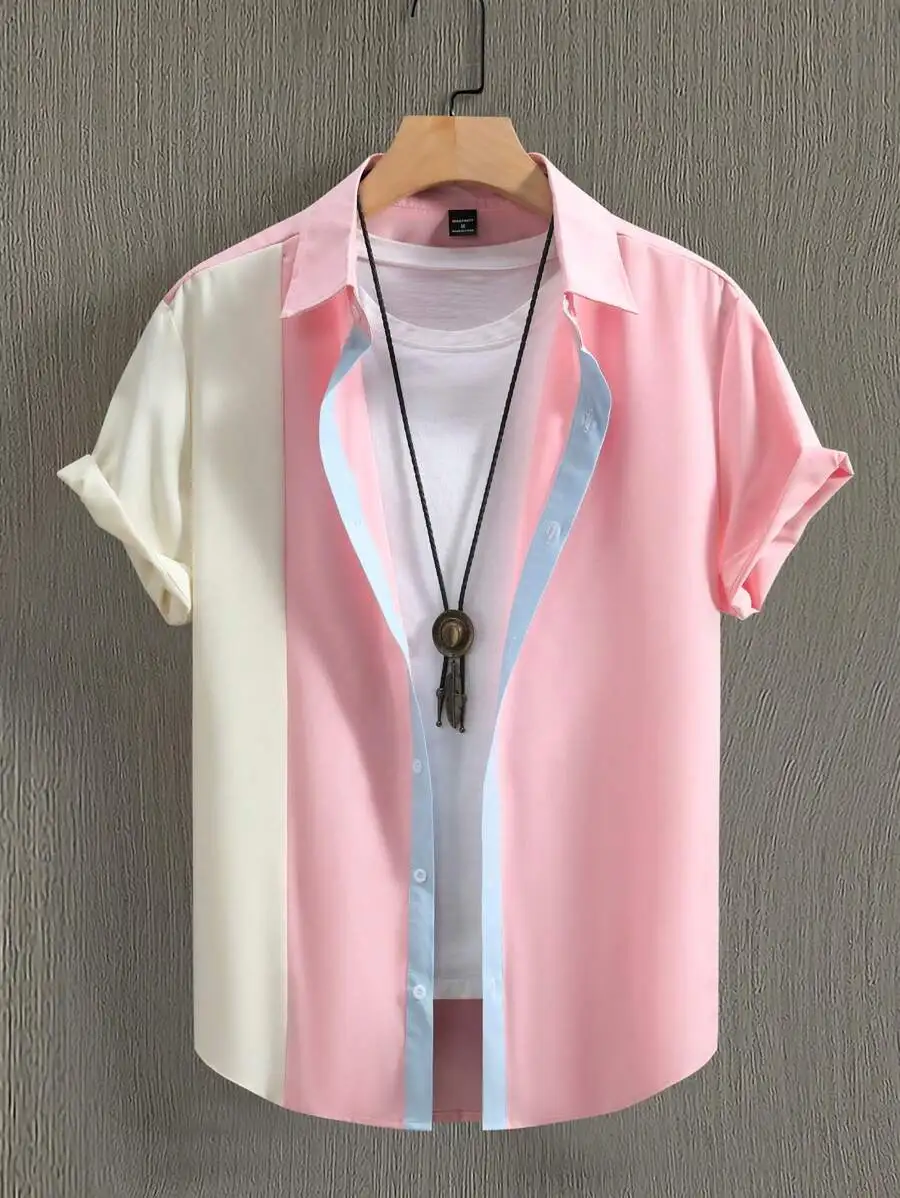 

Men's Color Block Short Sleeve Casual Shirt with Contrast Placket