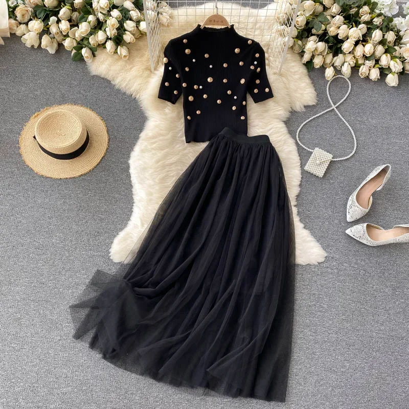 Chic Women Two-Piece Sets Half High Collar Embroidered Bead Top and High Waist Mesh Skirt French High Street Autumn Clothing