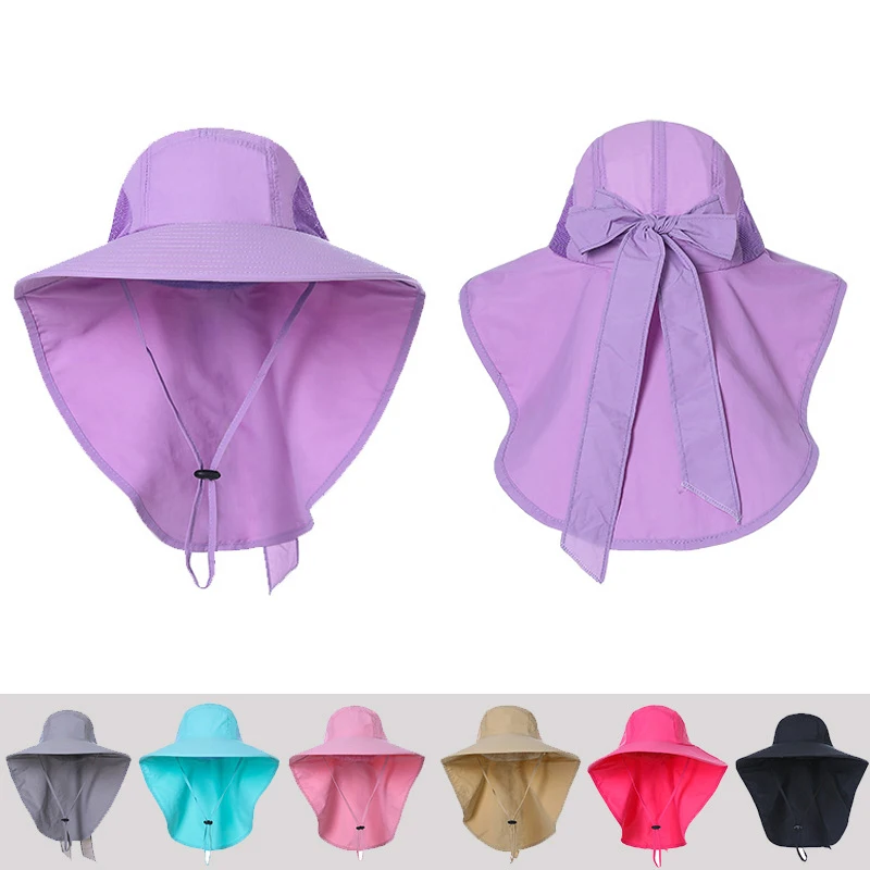 Summer Women Sun Hat with Shawl Large Bowknot Solid Color Breahtable Bucket Cap Quick Drying Anti-UV Outdoor Travel Beach Hat