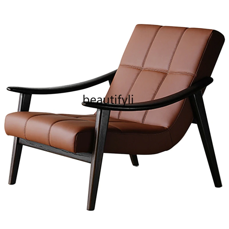 

Italian Top Layer Leather Single-Seat Sofa Chair Ash Wood Armchair Living Room Light Luxury Leisure Chair chairs living room