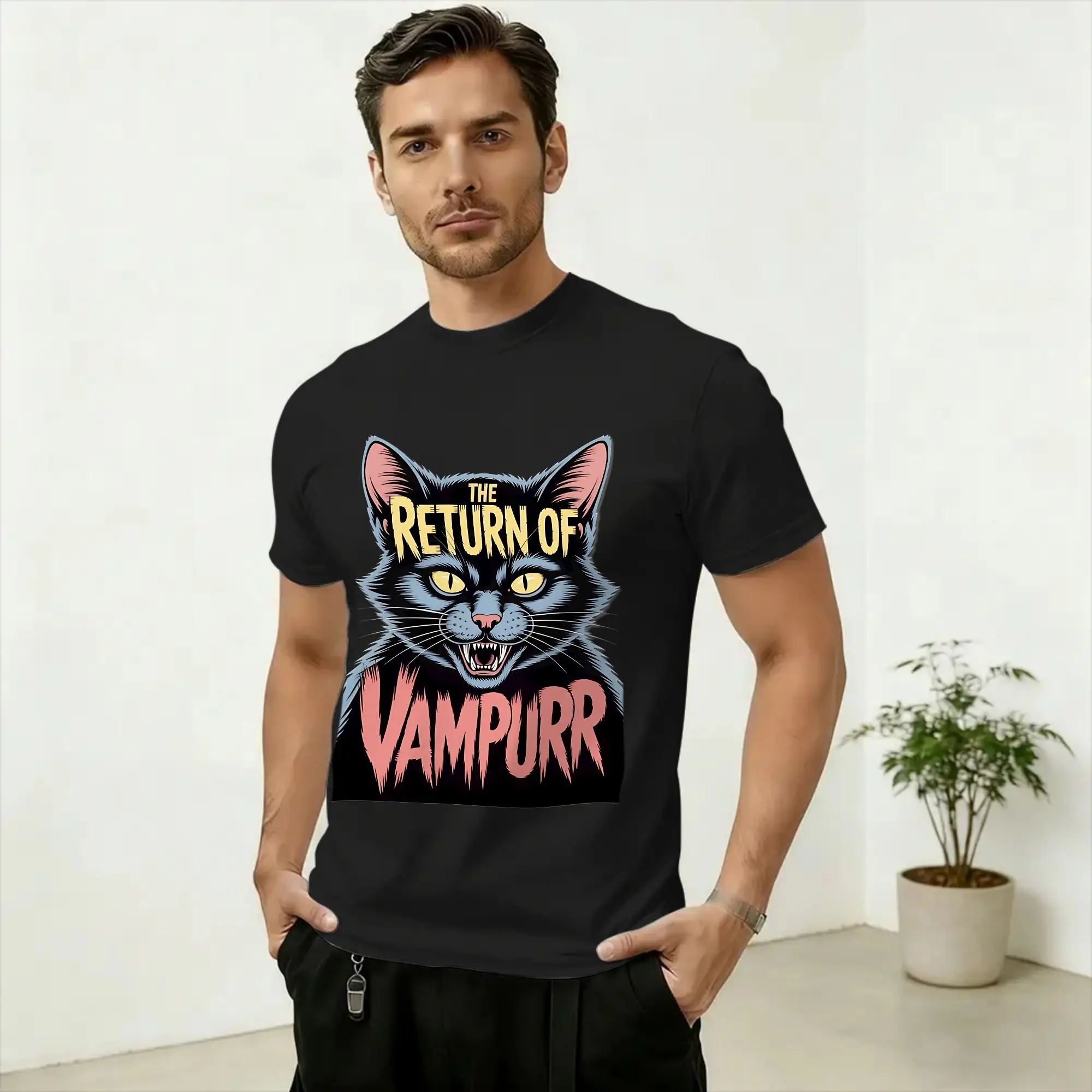 Vintage T Shirt Summer The Return of Vampurr Novelty T-Shirts Funny Cat Cotton Tshirt for Mens Y2K Fun Printed Short Sleeve Tops