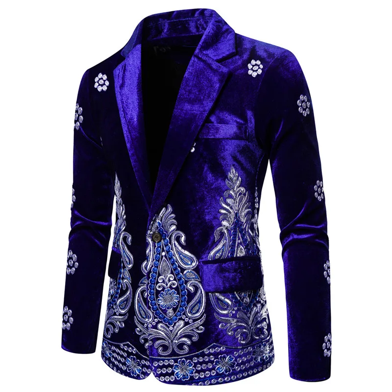 Men's Bluevelvetblazerfeaturingpaisleyembroideryand Beadworkastylish Formaljacket Suitable for Partiesand WeddingsEuropeansizing