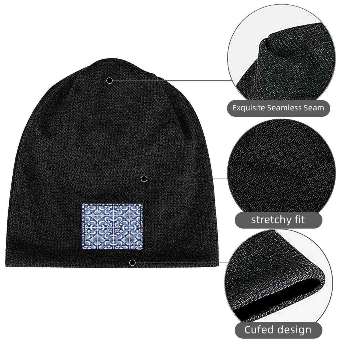 Azulejo Lisbon Azulejos Lisboa Waffle Knit Fleece Lined Beanie with PU Leather Patch Unisex Warm Winter Soft Cap