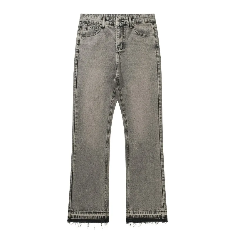 KIDWHXR Man Denim Pant American Retro Washed Distressed Men Trousers Loose Patchwork Tassel Casual Male Straight-leg Pant