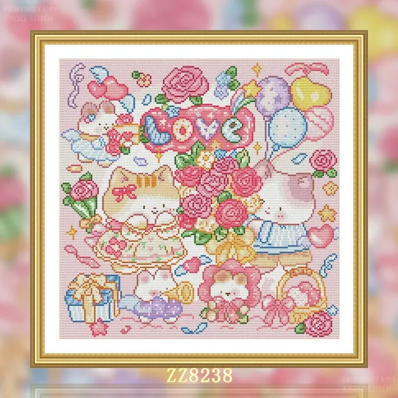 【ZZ8238-The kitten's love】 Stamped Cross Stitch Kit 11/14/16/18CT Pre Printed Canvas Cotton Thread DIY Embroidery for Wall Decor