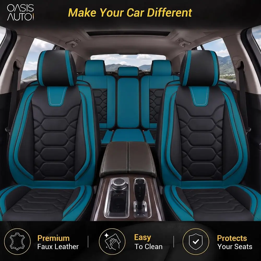 Sporty Leather-Look Seat Covers with Mesh, Waterproof for Cars, SUVs, Sedans, and Trucks, Black & Teal Interior Accessories