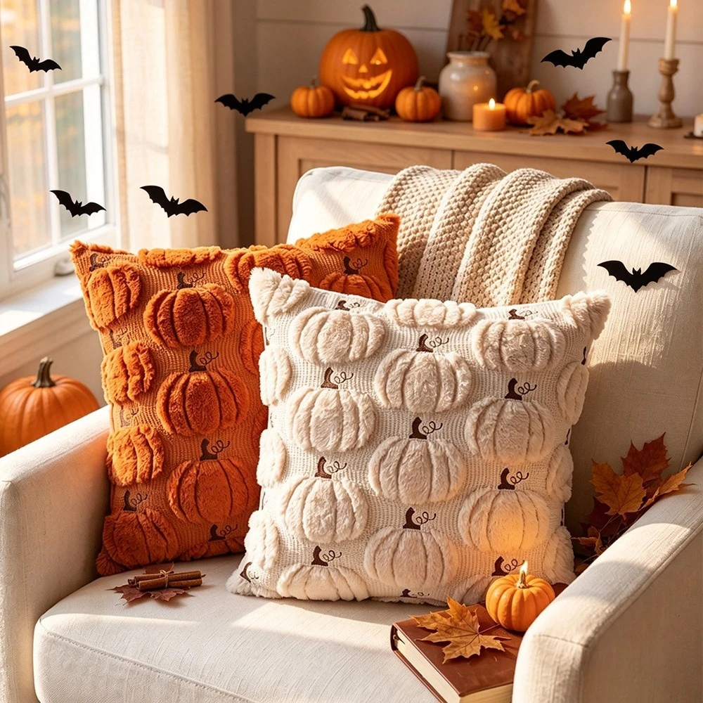 VIKAMA 45cm 3D Plush Fall Pumpkin Throw Pillow Covers,Autumn Harvest Halloween Pillowcase for Sofa Couch Home Thanksgiving Decor