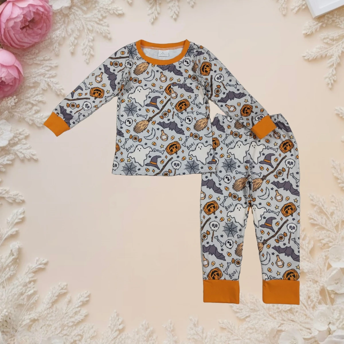

Kids Halloween Pajamas Set Toddler Boys Long Sleeve Top and Pants Cute Ghost Pumpkin Bat Sleepwear Outfit for Fall Nightwear