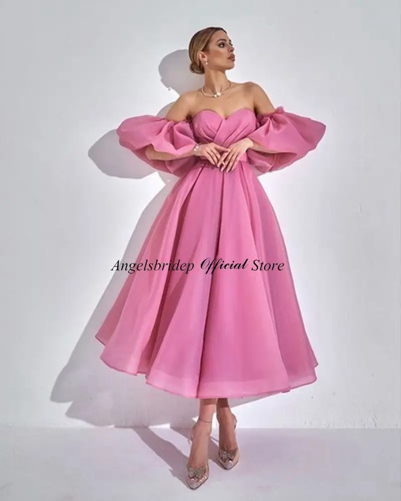 Angelsbridep Pink A-line Evening Dresses Sweetheat Pleat Prom Dress Sexy Organza Prom Gown Tea Length Robe De Soirée Party Gowns