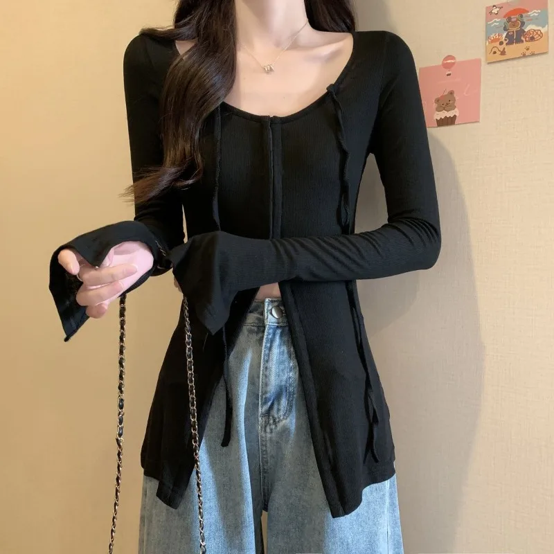 

Large Size Autumn and Winter New Style Design Slit Long-sleeved T-shirt for Women Slim Fit Slim Bottom Shirt Top
