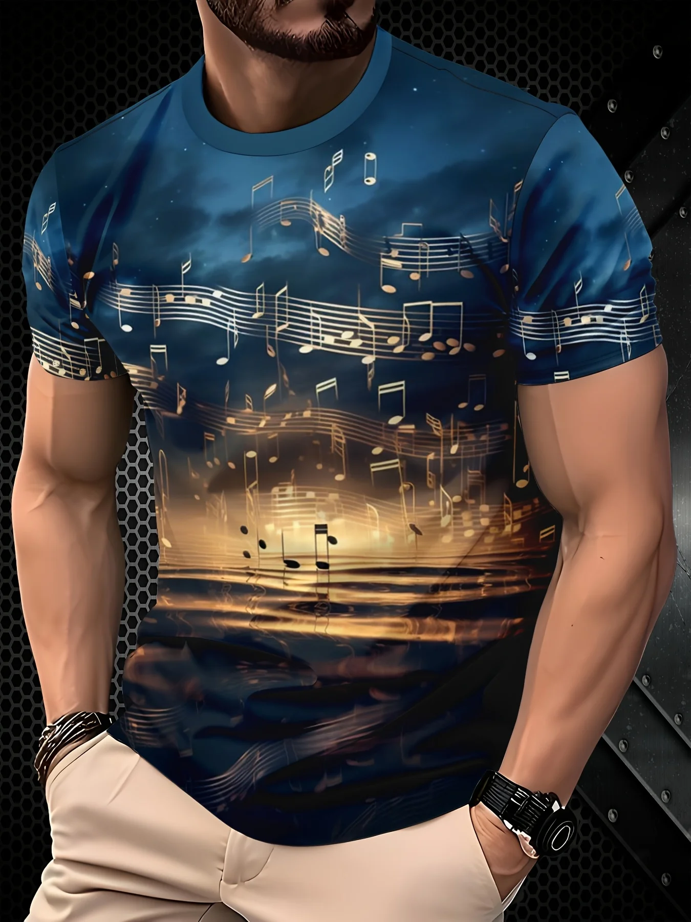 Men's Crew Neck Short Sleeve T Shirt 3D Golden Music Note Staff Dark Blue Night Sea Reflection Print Casual Tops
