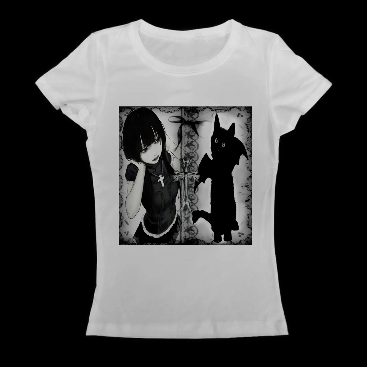 Gothic Anime Girl Demon Black Cat T Shirt Women Yami Kawaii Cross Lace Print Short Sleeve T-shirt Casual Ladies Graphic Tee Top