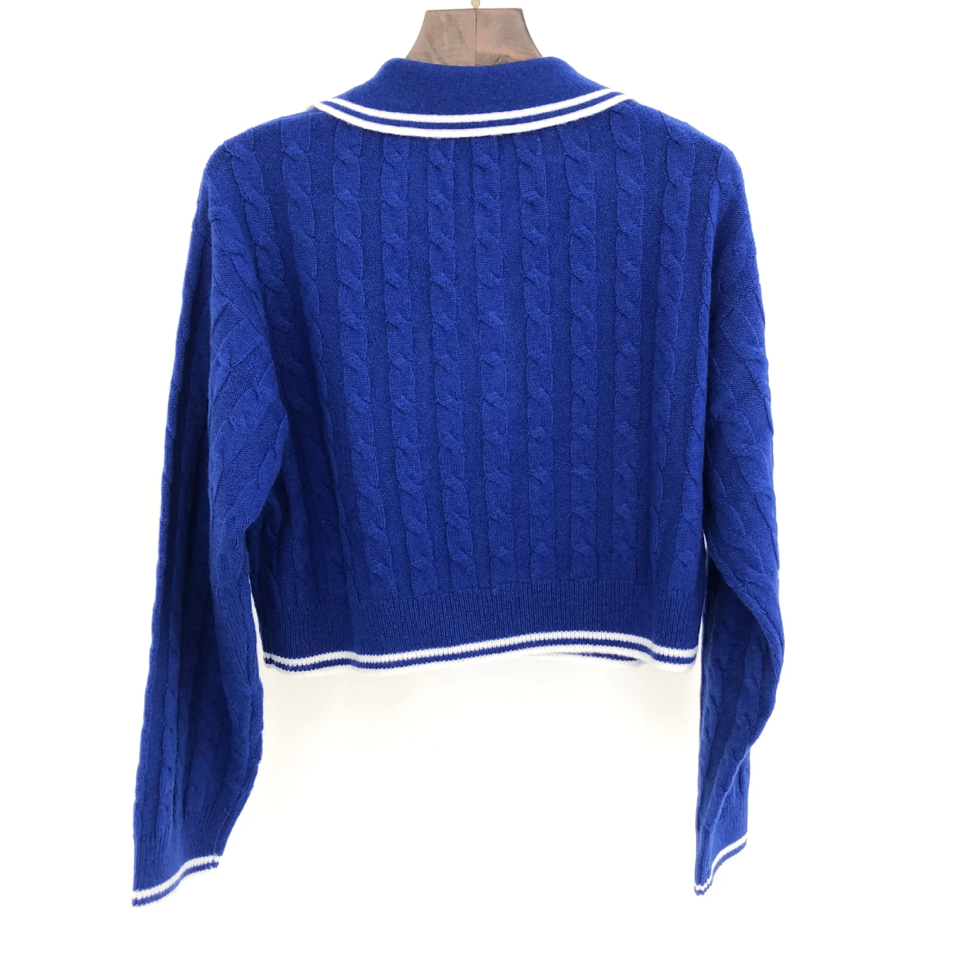 

Women Sweater Contrasting Stripes Pocket Preppy Style Autumn New Turn Down Collar Long Sleeve Knitted Tops