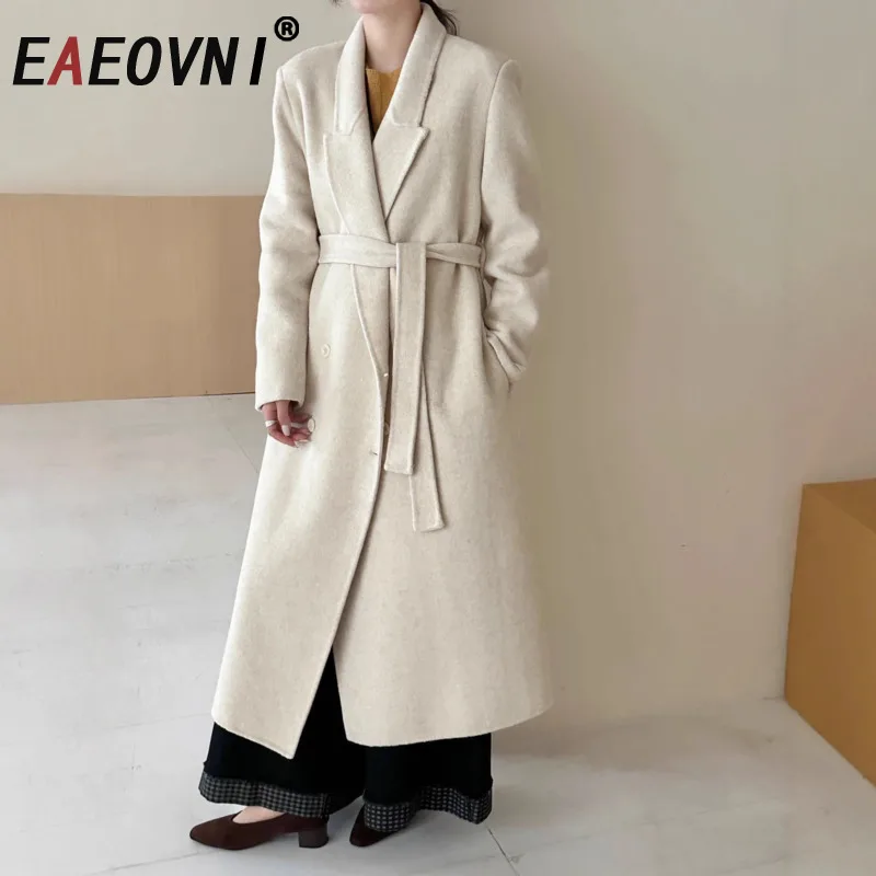 

EAEOVNI зимнее шерстяное длинное пальто, женское темпераментное однотонное пальто с зубчатым воротником и пуговицами, модная куртка, верхняя одежда, новинка 2023 года
