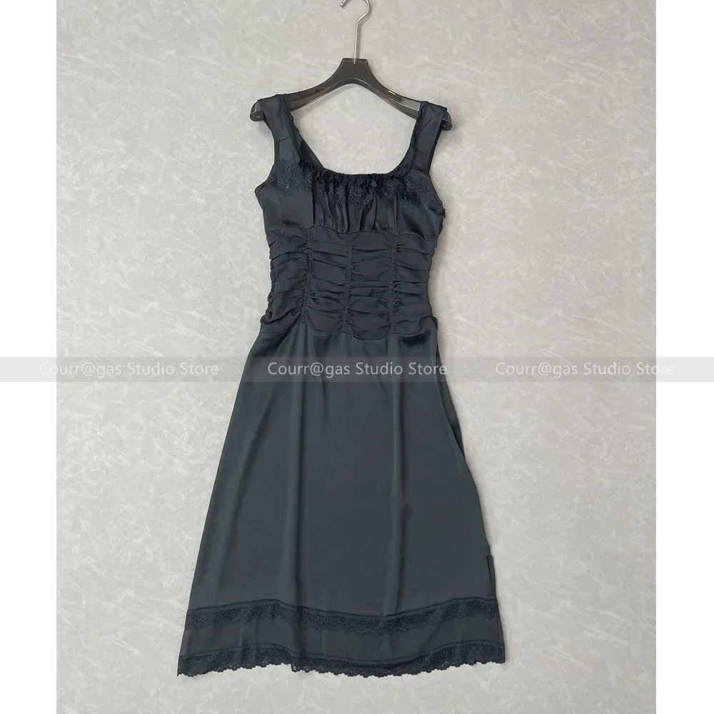 Sexy Spice Black Square Neck Lace Splicing Waist Ruched Slimming Halter Dresses