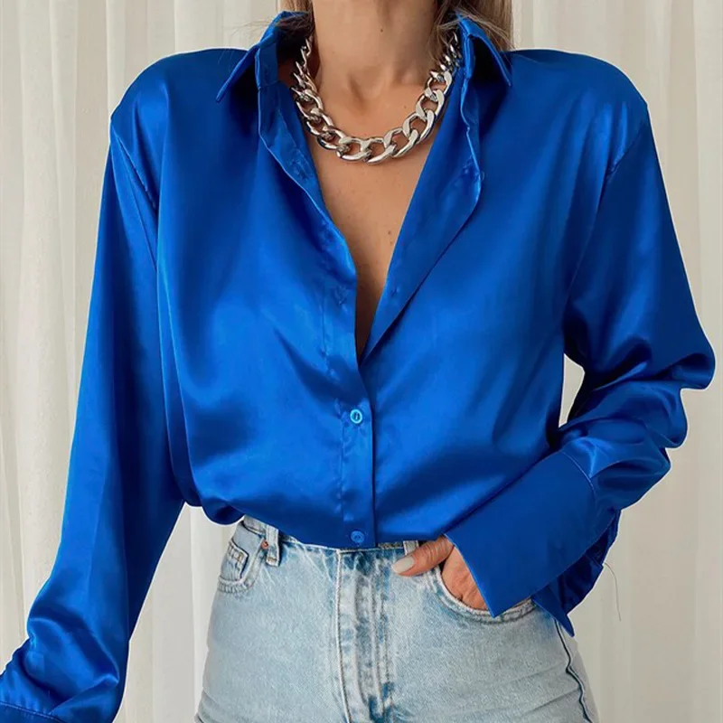 Satin Women\'s Shirt Polo Collar Office Lady blouse Vintage Blue Green Silk Shirt Loose Button Up Down Shirts Black Fashion Tops